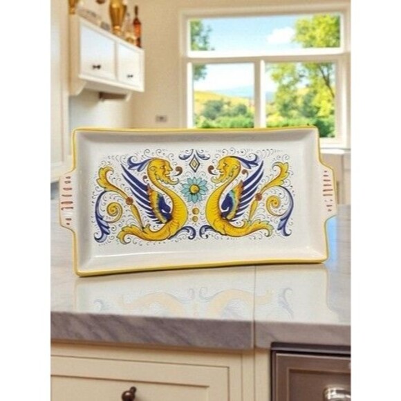 NWOB Ceramic Nova Deruta Hand Painted Flower Dragons Tray Italy 10.75"x5” - Picture 10 of 11